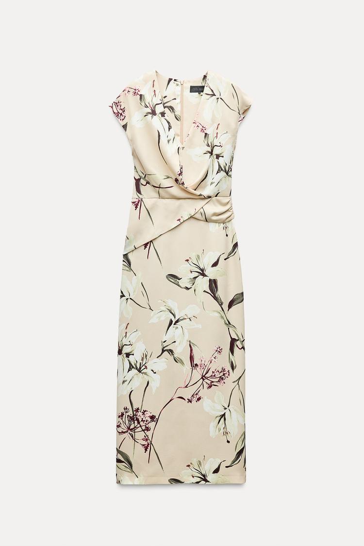 FLORAL PRINT SATIN MIDI DRESS - CITRIC 