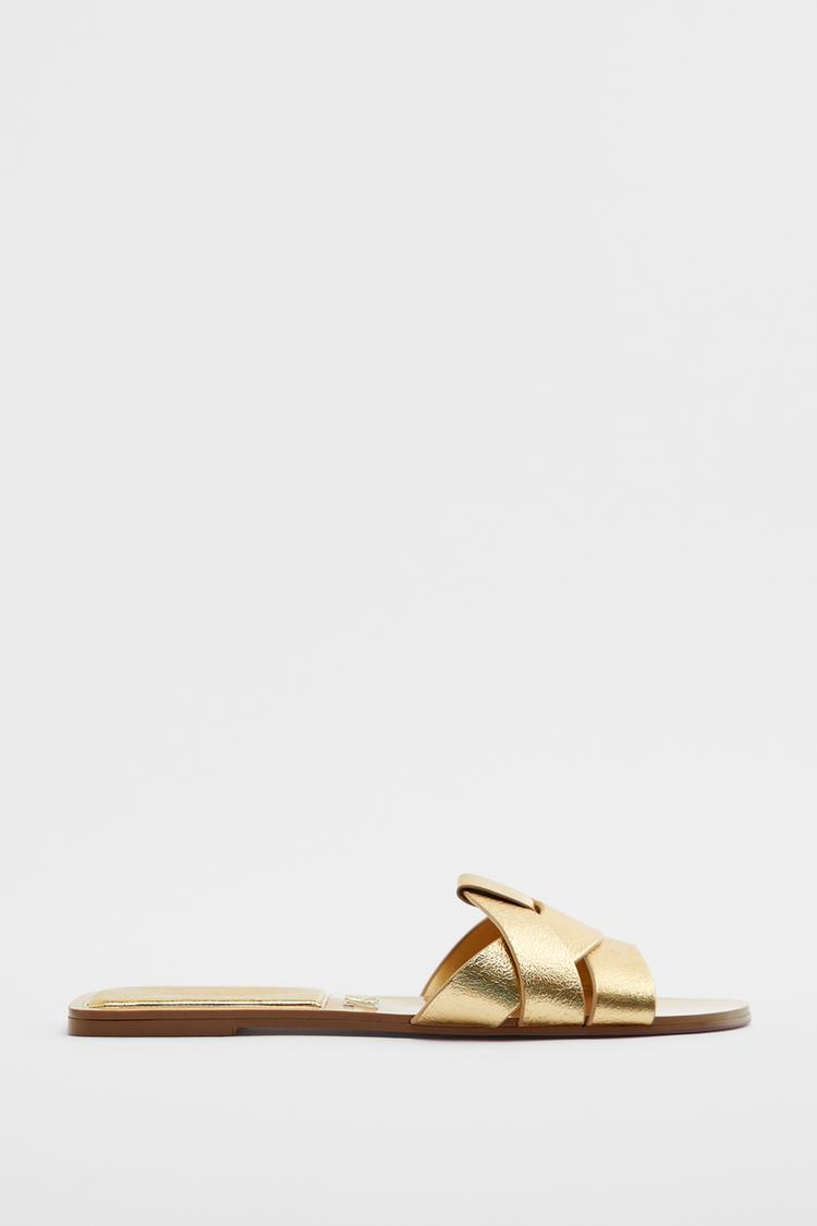 METALLIC LEATHER CROSS-STRAP SANDALS - CITRIC 