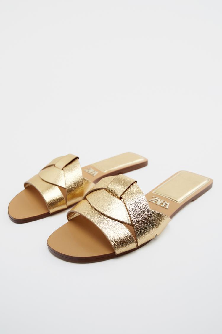 METALLIC LEATHER CROSS-STRAP SANDALS - CITRIC 